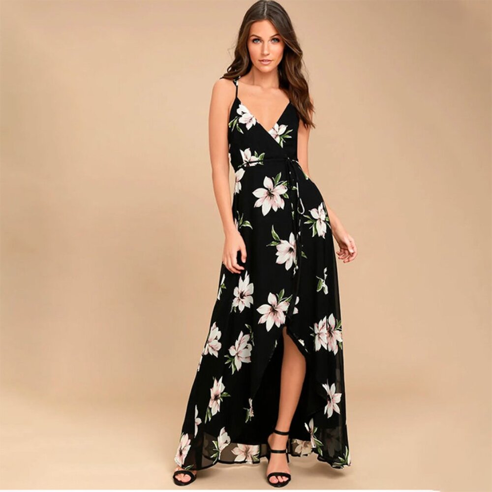 Lulu's All Mine Black Floral Print High-Low Wrap Dress - Size S
